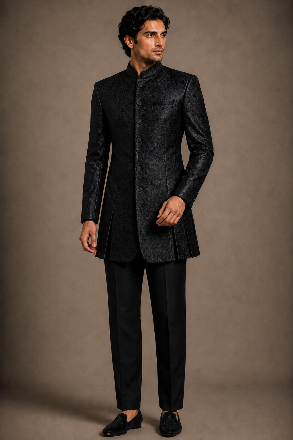 Black Jacquard Bandhgala Set