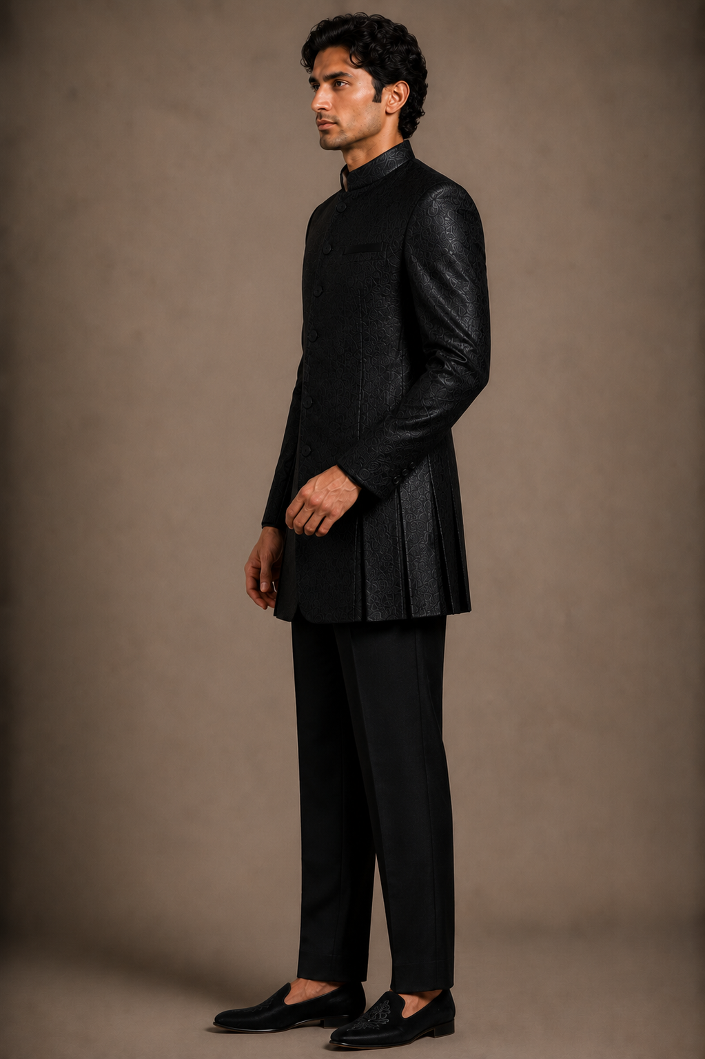 Black Jacquard Bandhgala Set
