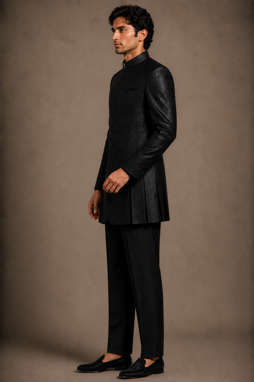 Black Jacquard Bandhgala Set