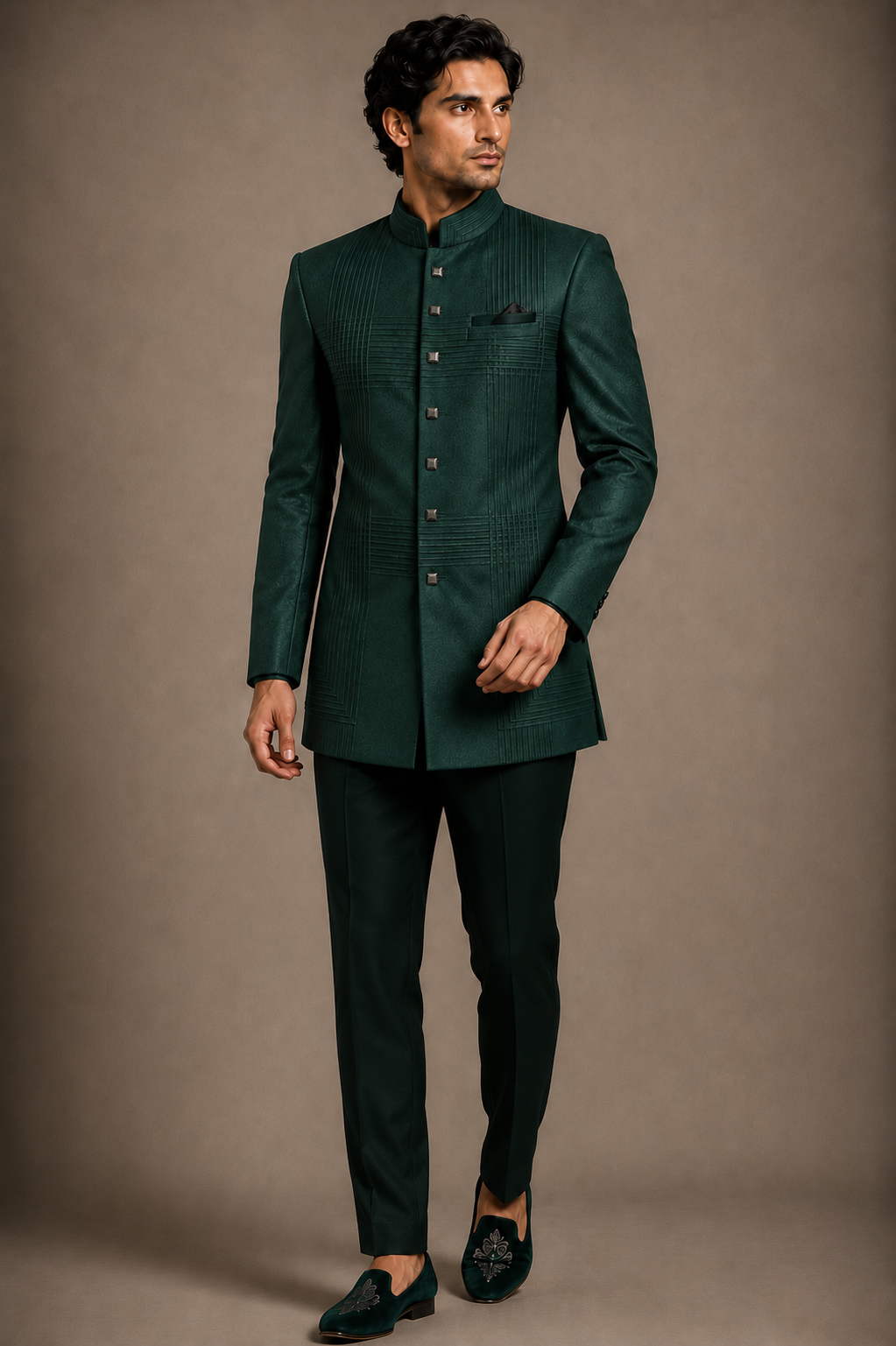 Bottle Green Textured Bandhgala Set