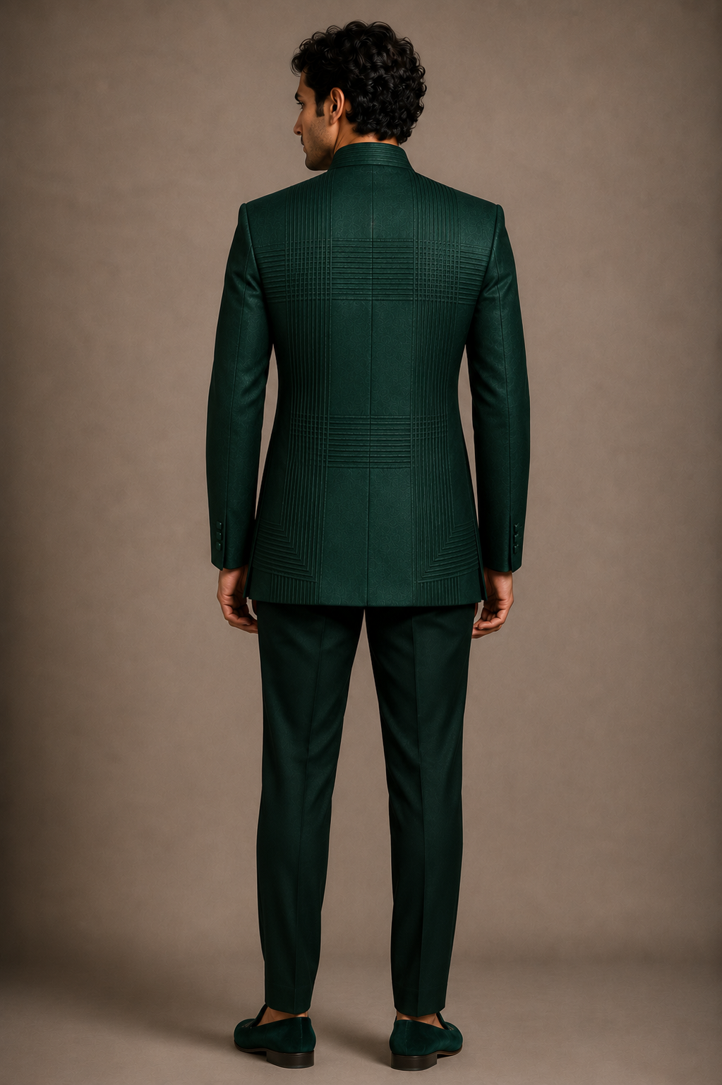 Bottle Green Textured Bandhgala Set