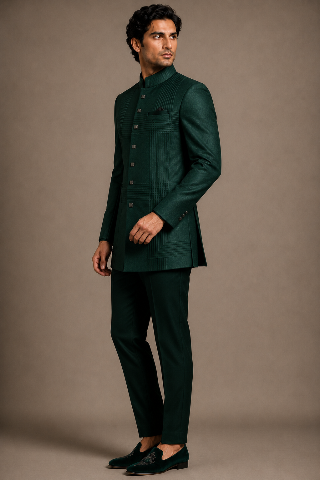 Bottle Green Textured Bandhgala Set