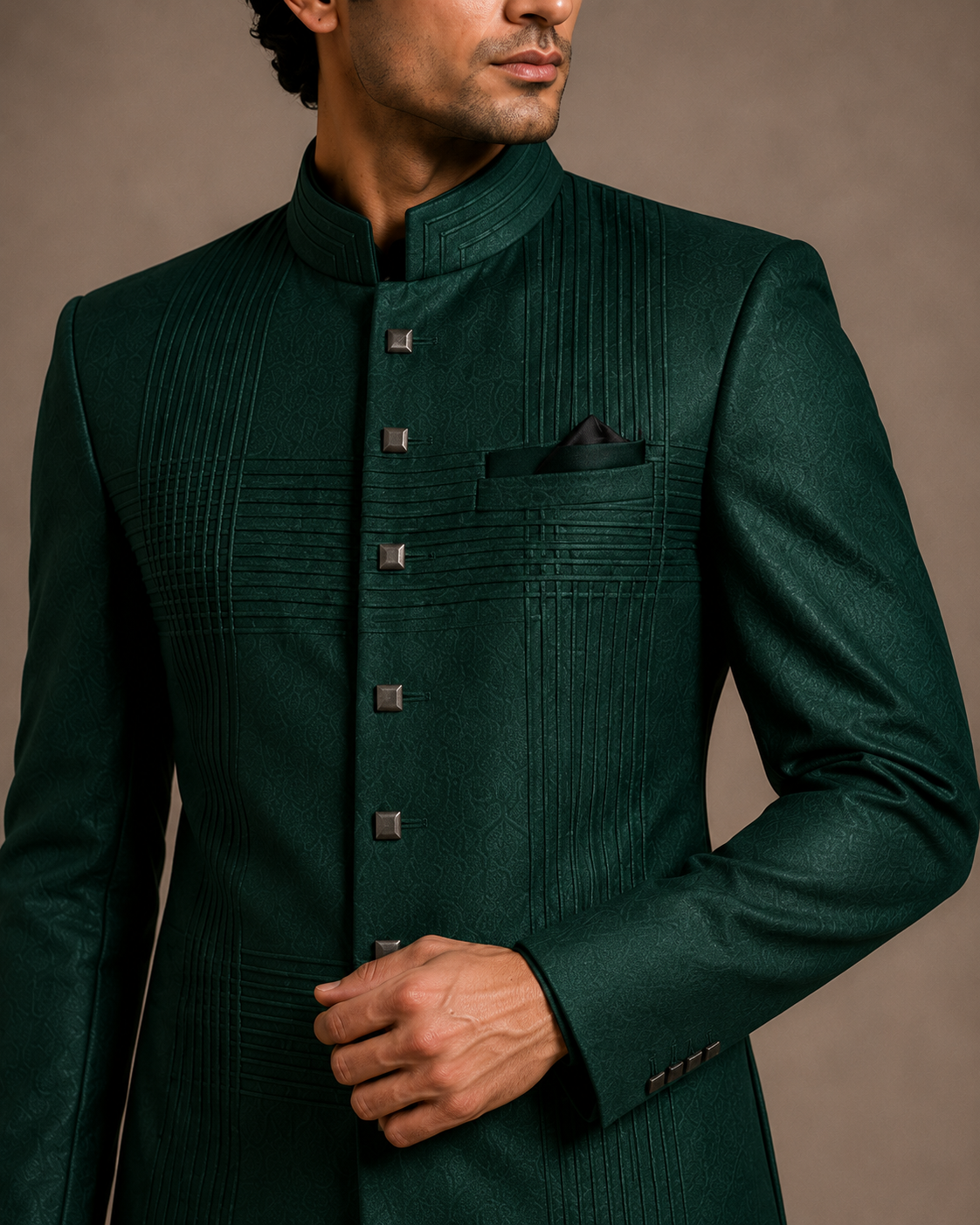 Bottle Green Textured Bandhgala Set