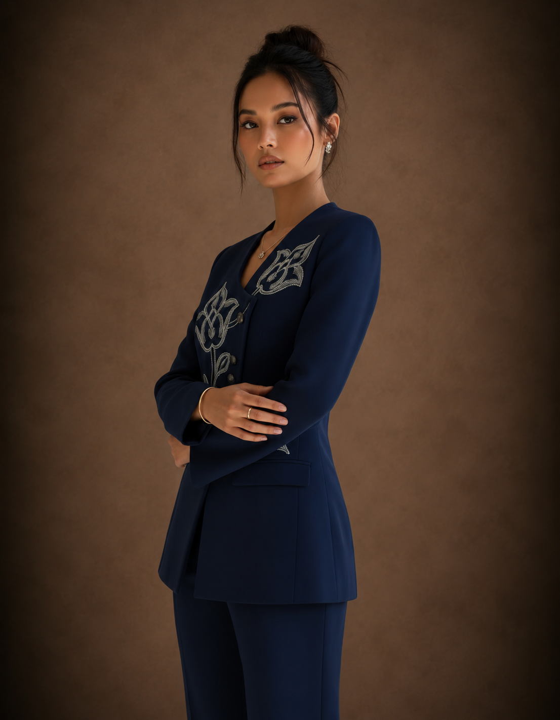 Slate Grey Asymmetric Embroidered Jacket