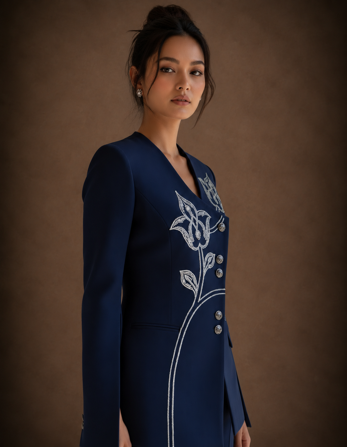 Slate Grey Asymmetric Embroidered Jacket
