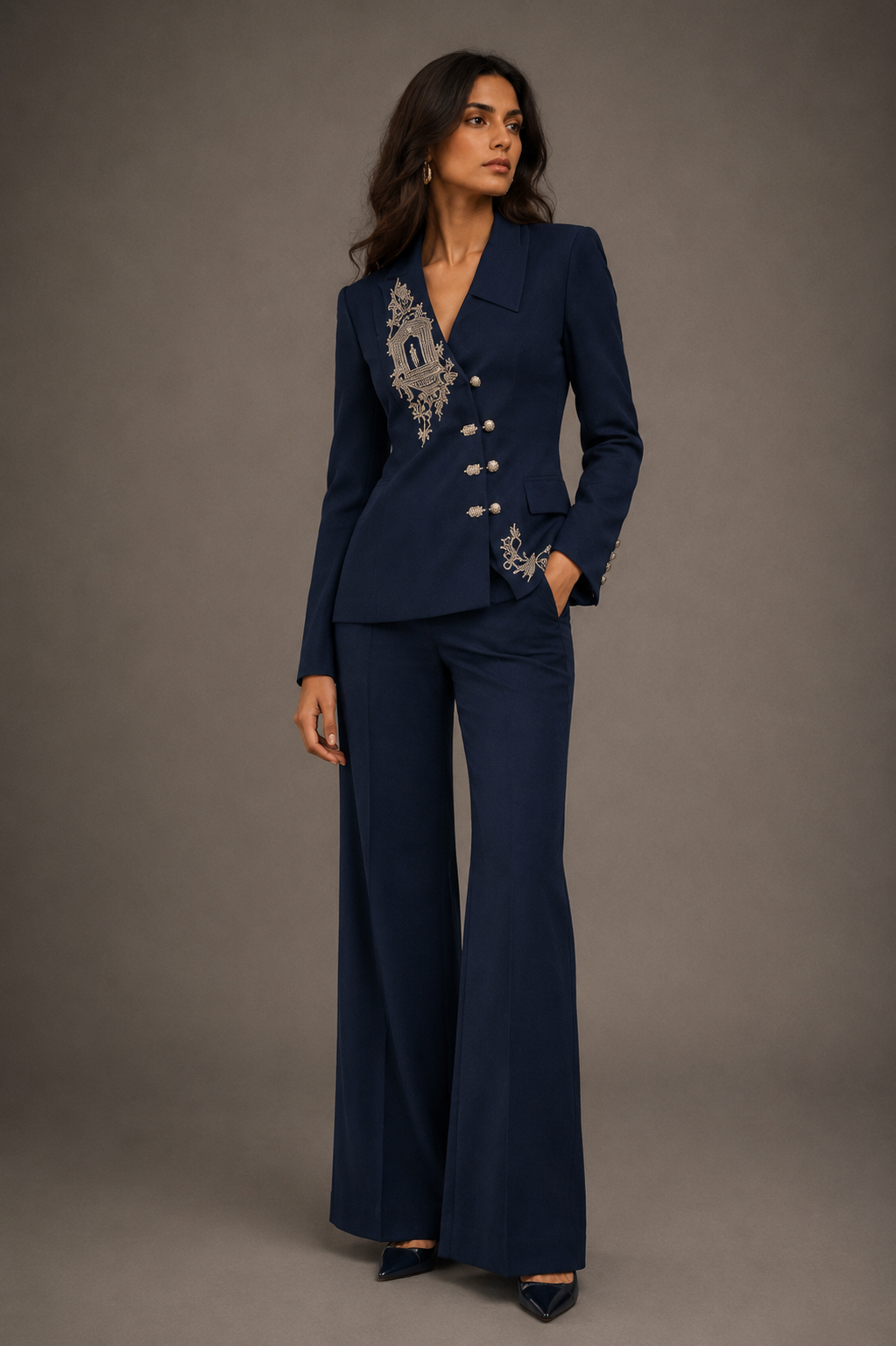Navy Embellished Double-Breasted Blazer