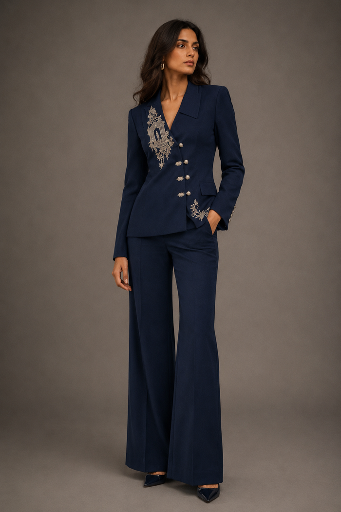 Navy Wide-Leg Trousers