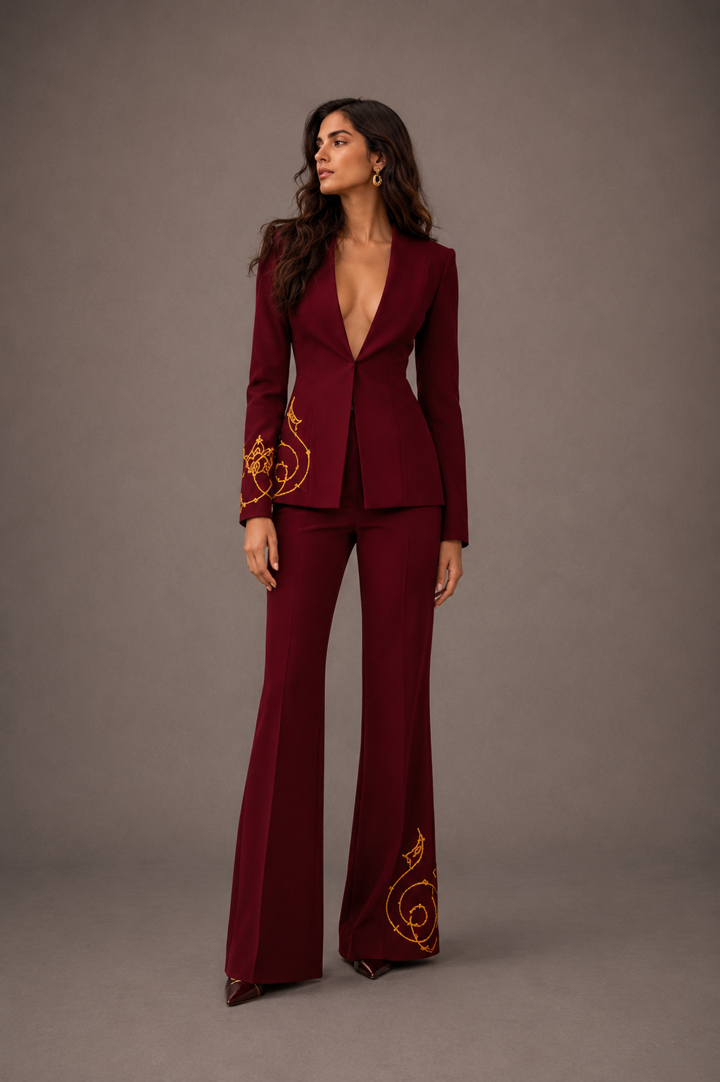 Burgundy Embroidered Single-Button Blazer