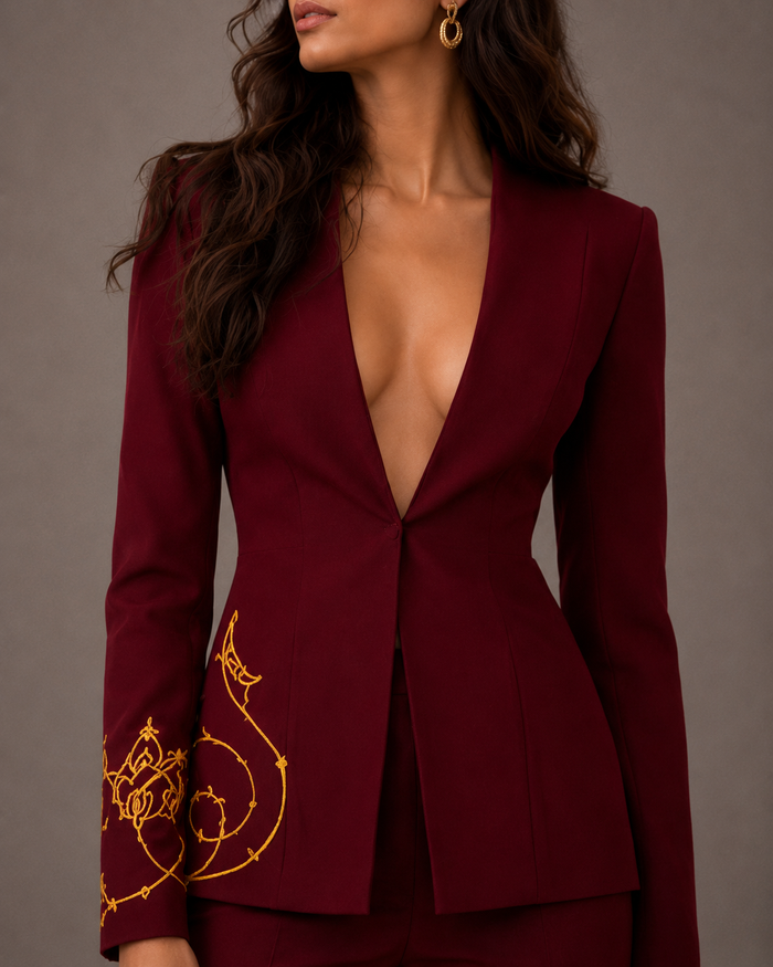 Burgundy Embroidered Single-Button Blazer