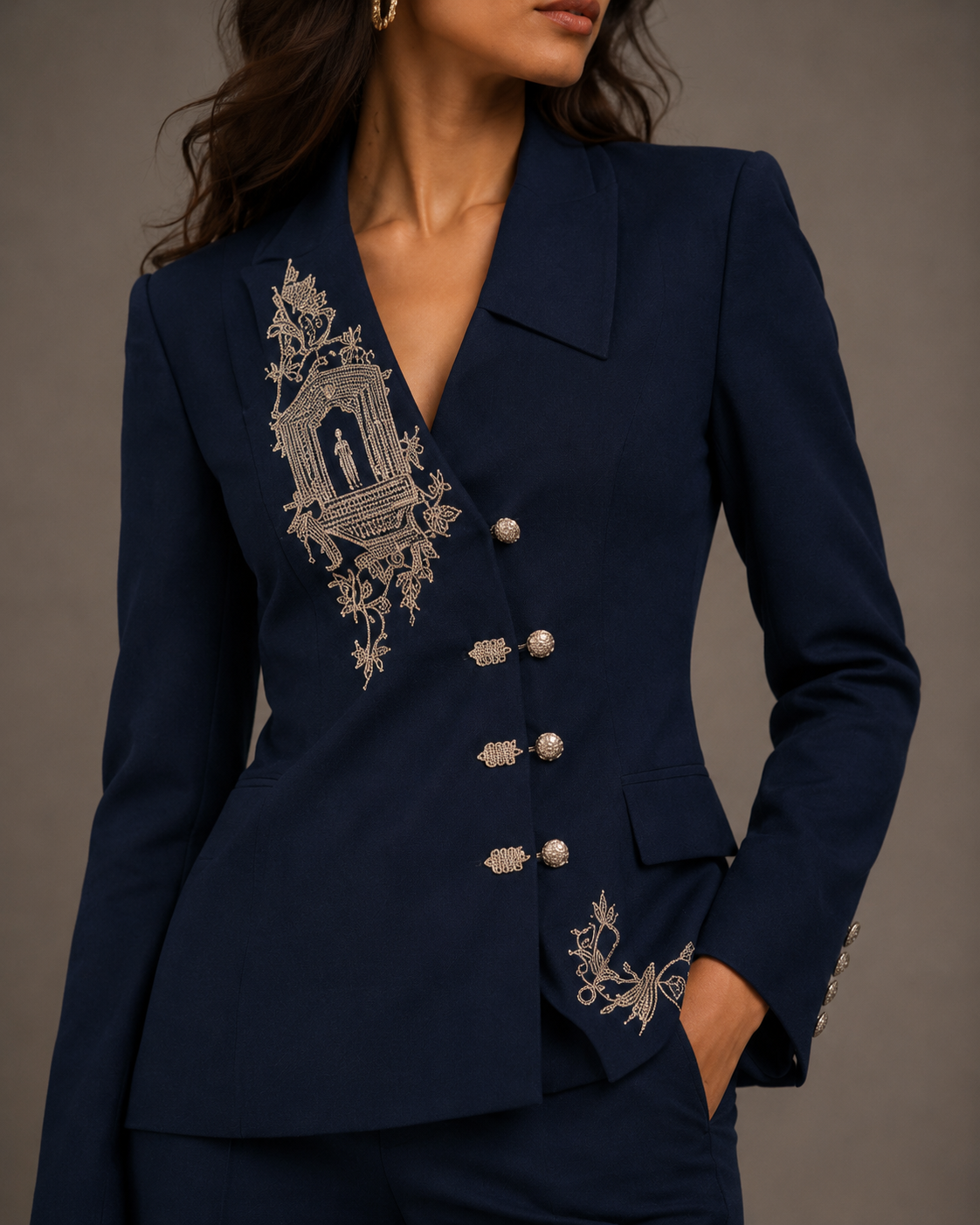 Navy Asymmetric Embroidered Jacket