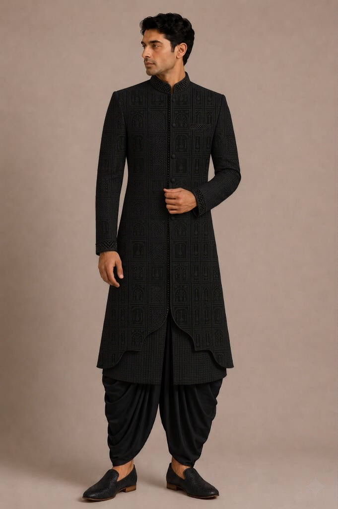 Black Arched Overlay Sherwani