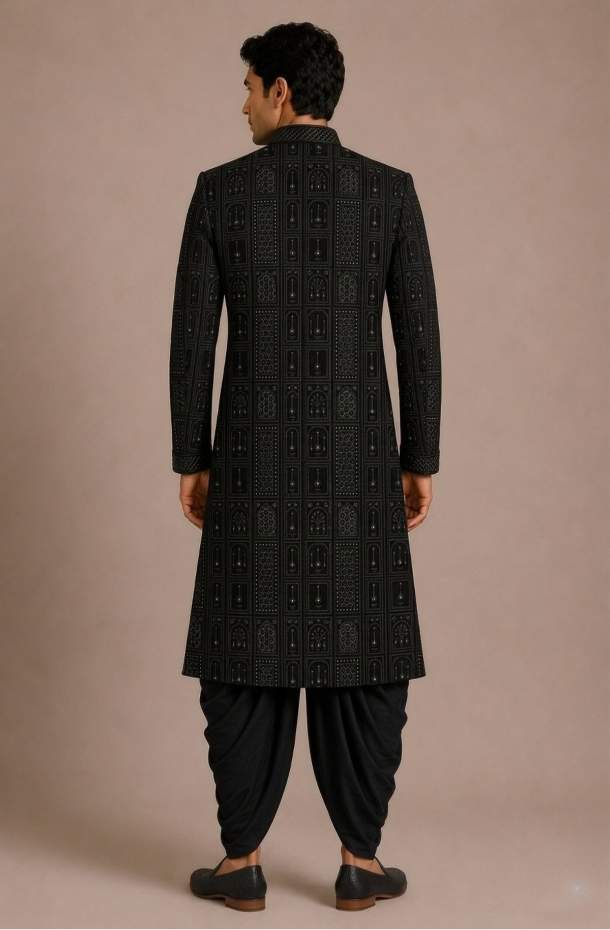 Black Arched Overlay Sherwani