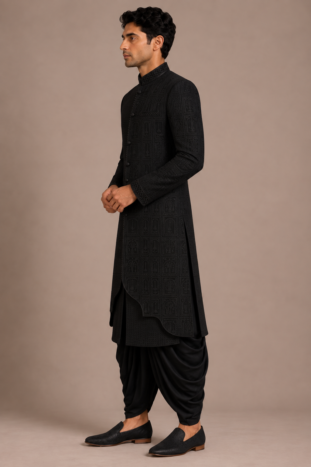 Black Arched Overlay Sherwani