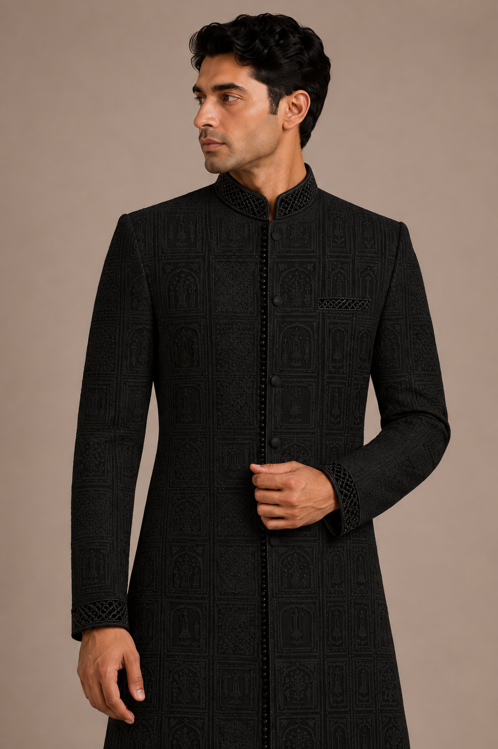 Black Arched Overlay Sherwani