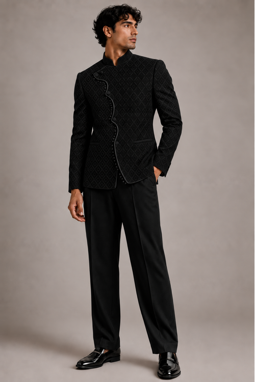 Black Arched Placket Suede Bandhgala