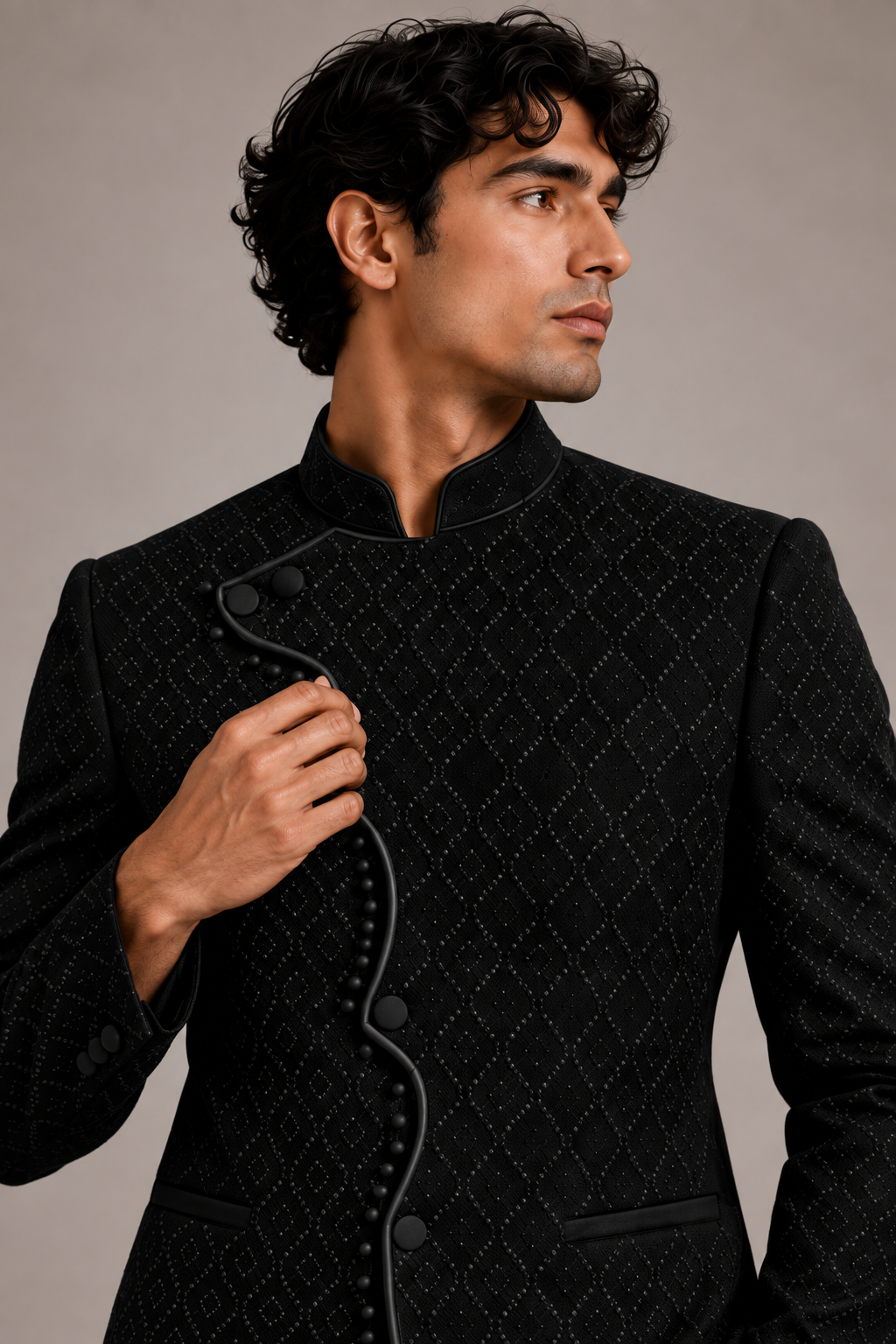 Black Arched Placket Suede Bandhgala
