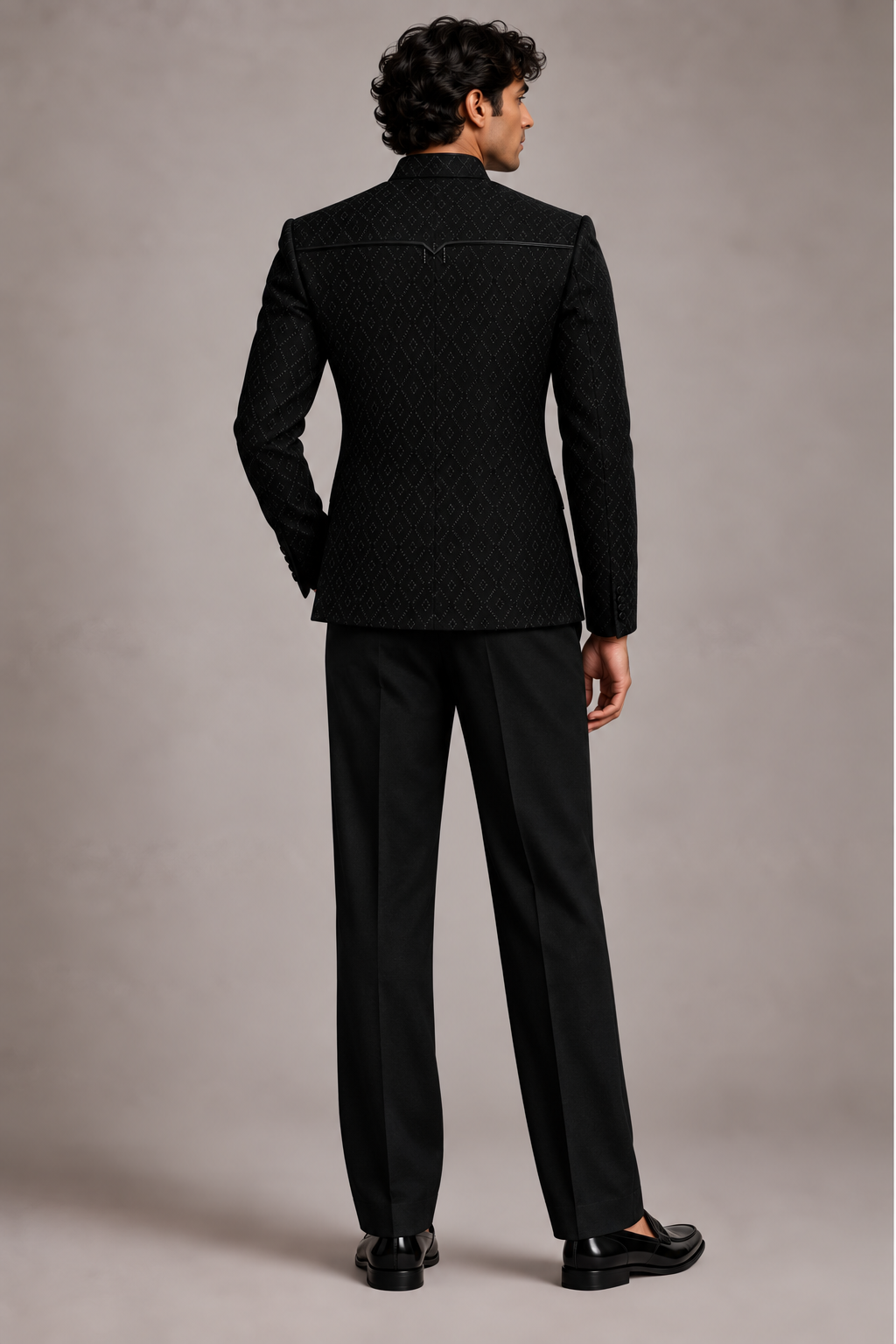 Black Arched Placket Suede Bandhgala