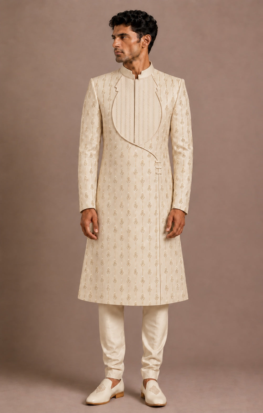 Champagne Ornate Structured Form Sherwani
