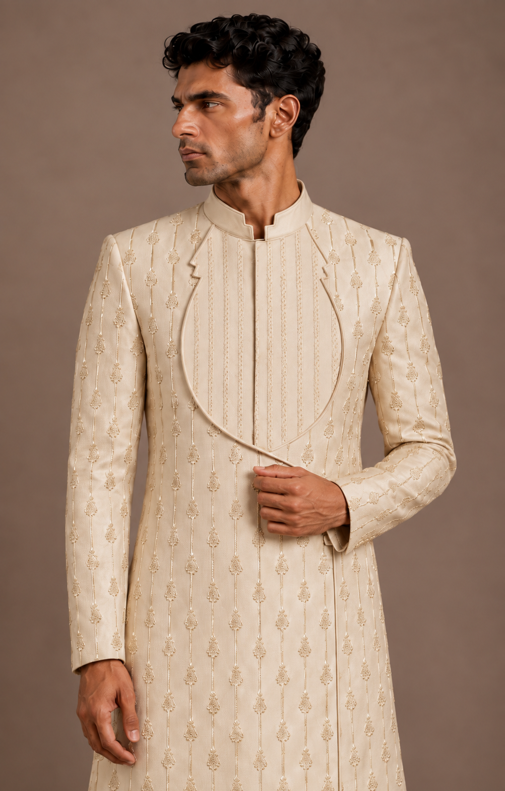 Champagne Ornate Structured Form Sherwani
