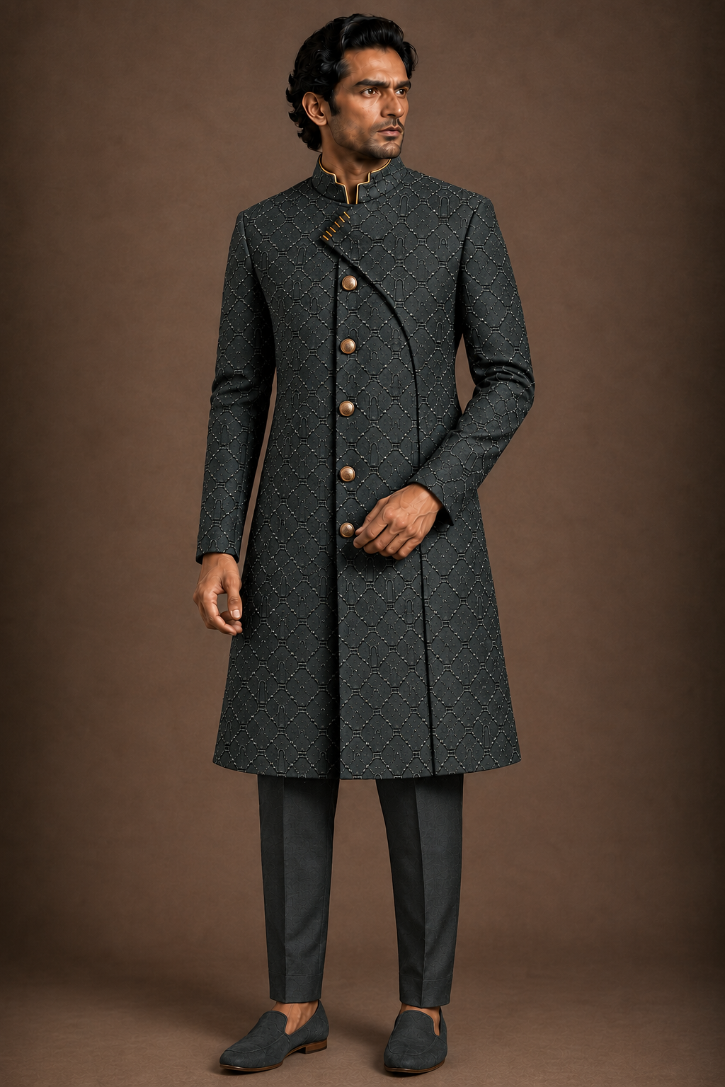 Charcoal Arched Geometry Sherwani