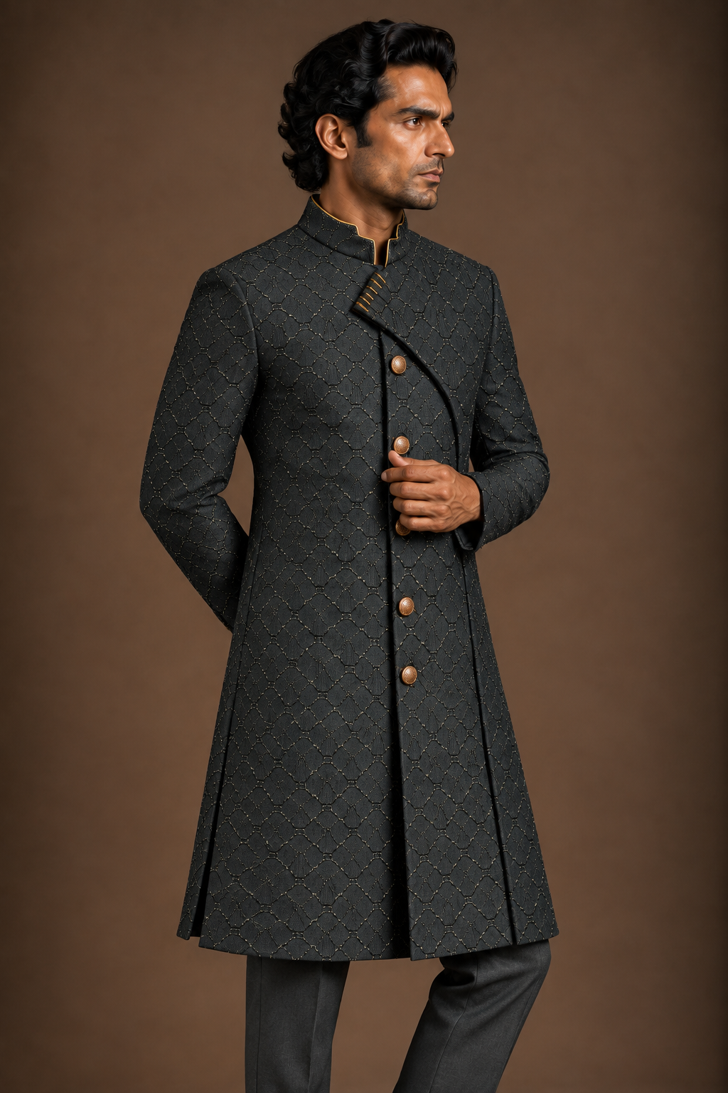 Charcoal Arched Geometry Sherwani