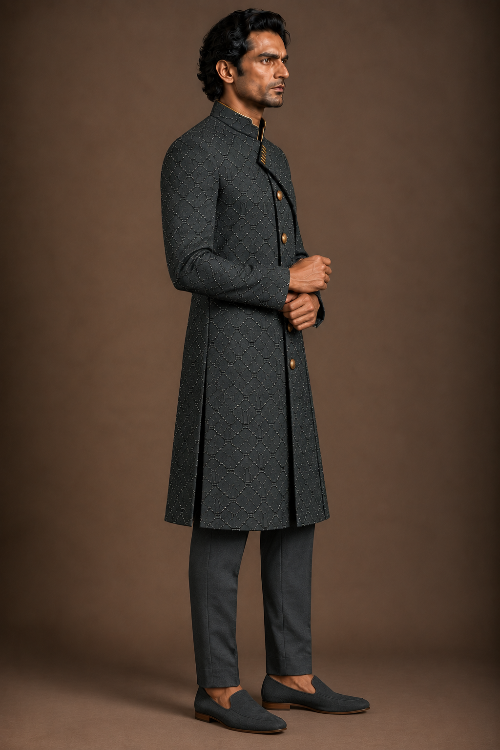 Charcoal Arched Geometry Sherwani