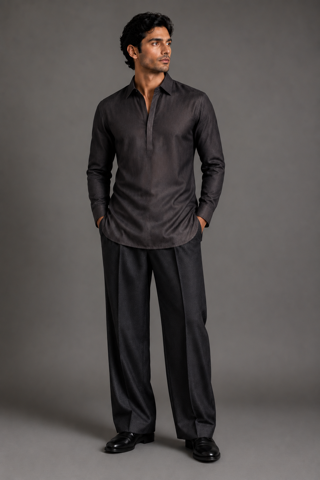 Charcoal Classic Pleated Wide-Leg Trouser