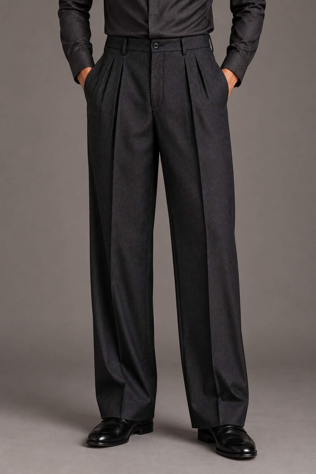 Charcoal Classic Pleated Wide-Leg Trouser