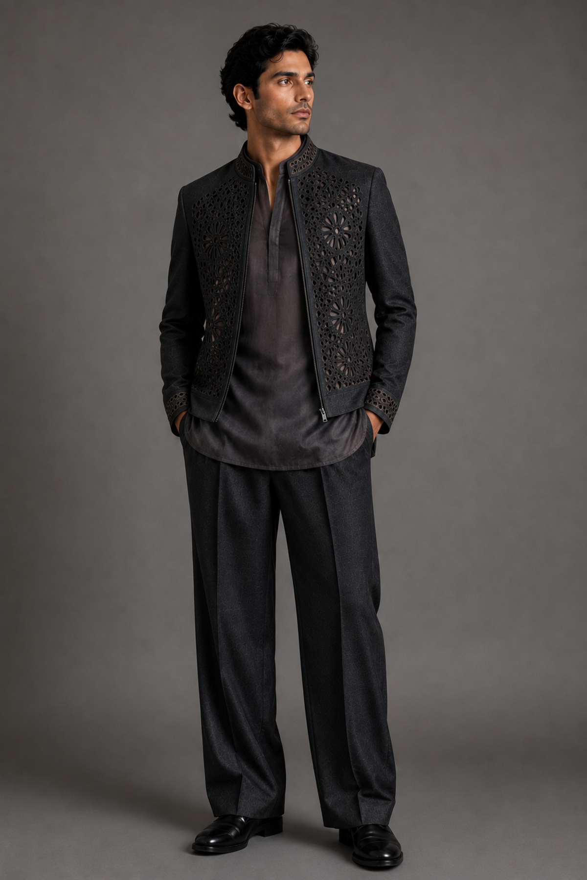 Charcoal Ornate Panel Bomber Jacket
