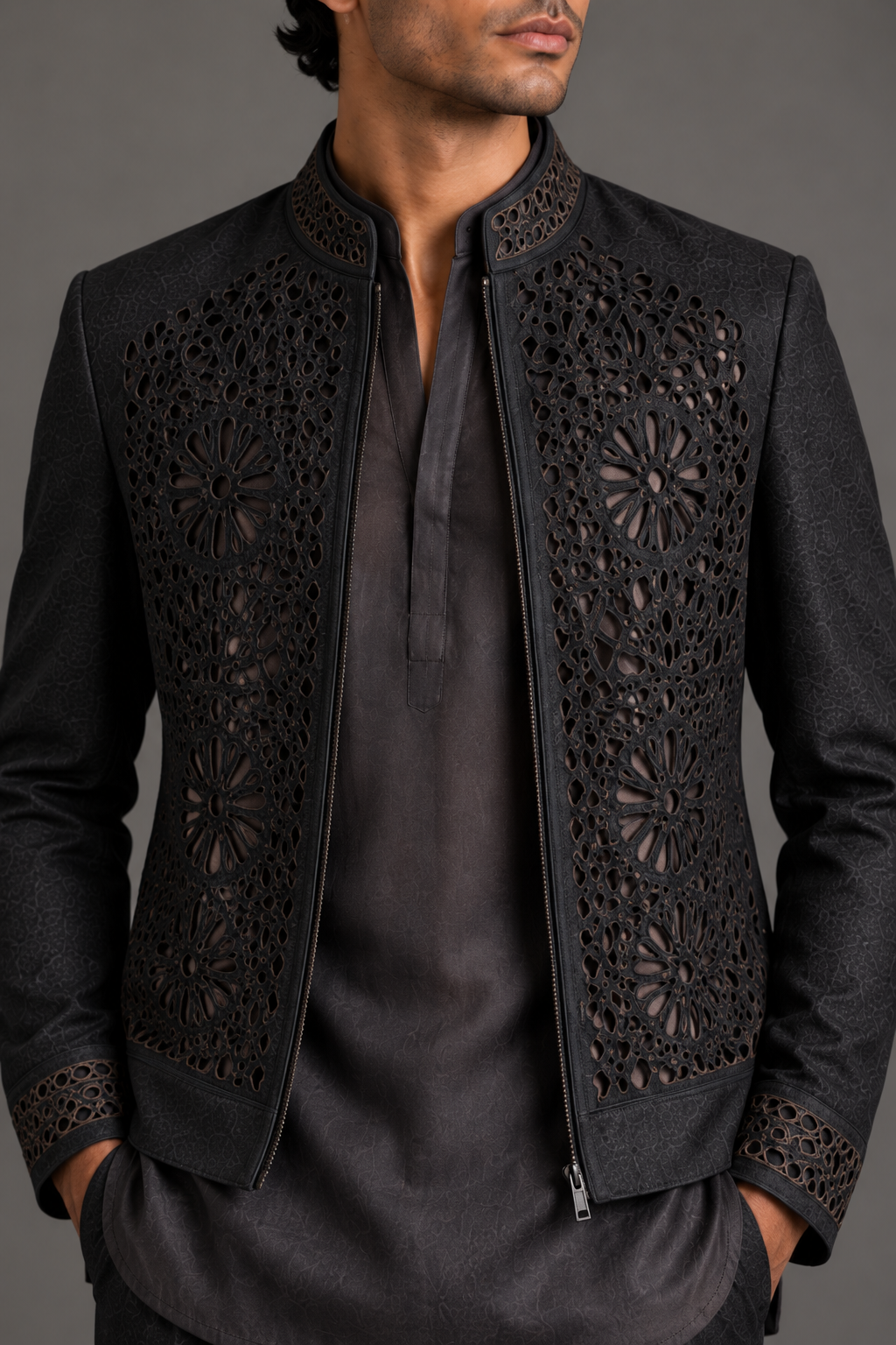 Charcoal Ornate Panel Bomber Jacket