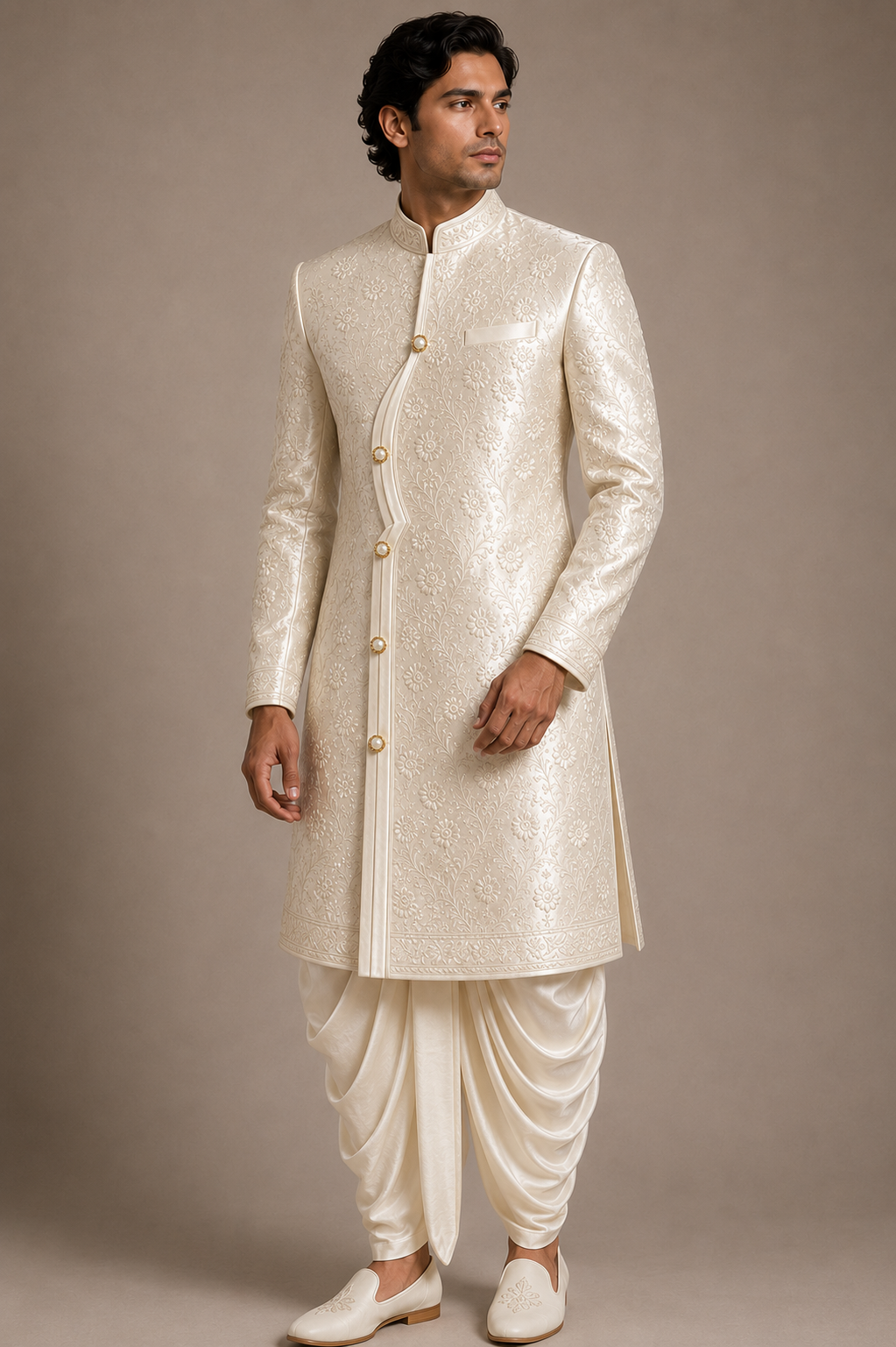Ivory Floral Embroidered Sherwani Set