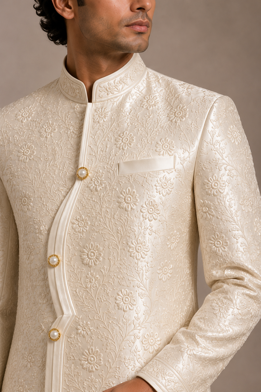 Ivory Floral Embroidered Sherwani Set