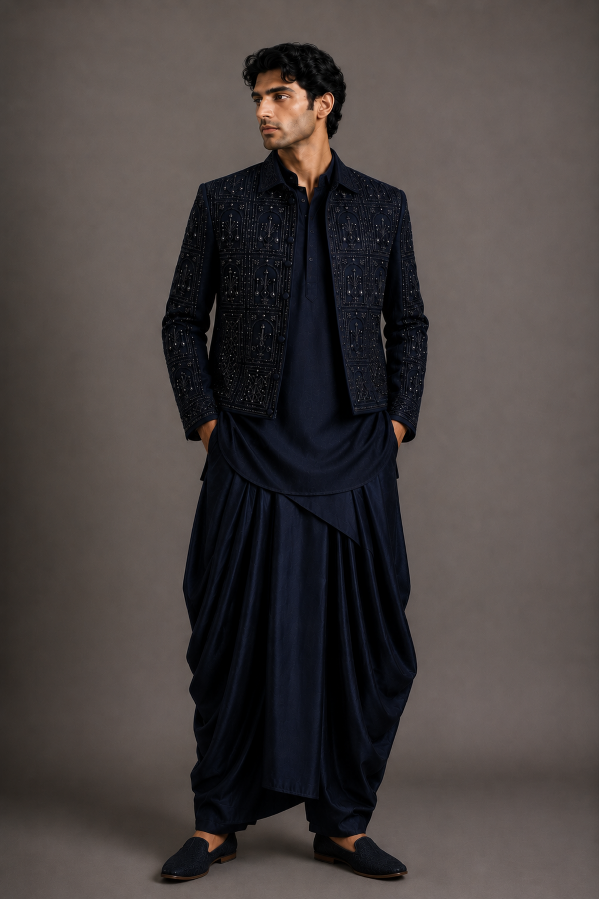Navy Embellished Panel Jacket