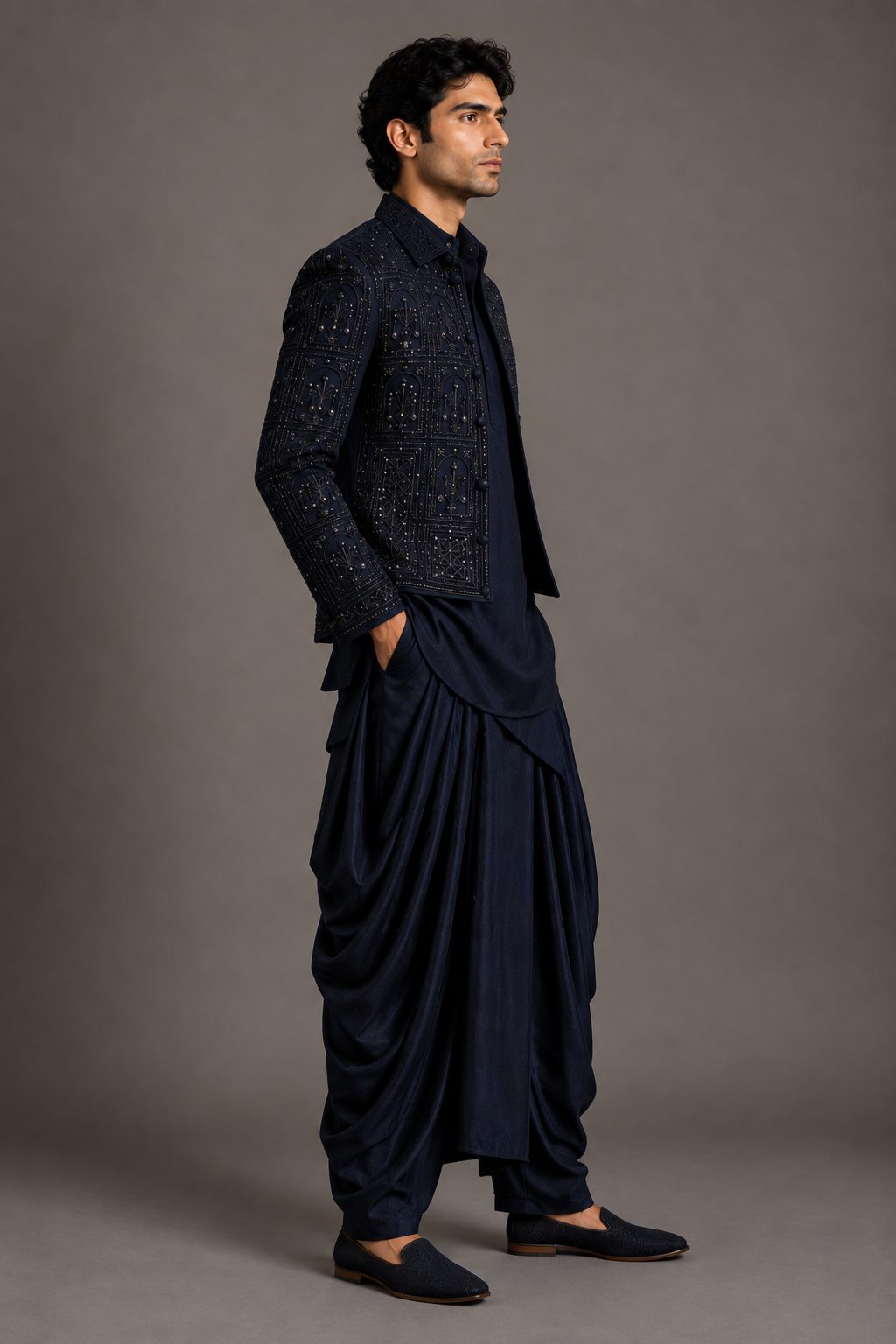 Navy Embellished Panel Jacket