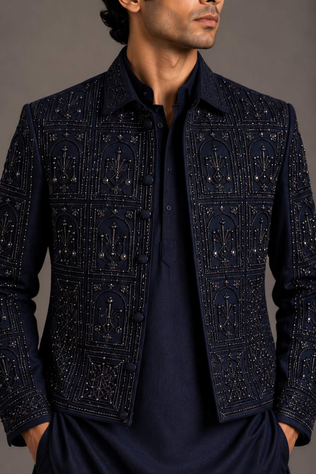 Navy Embellished Panel Jacket