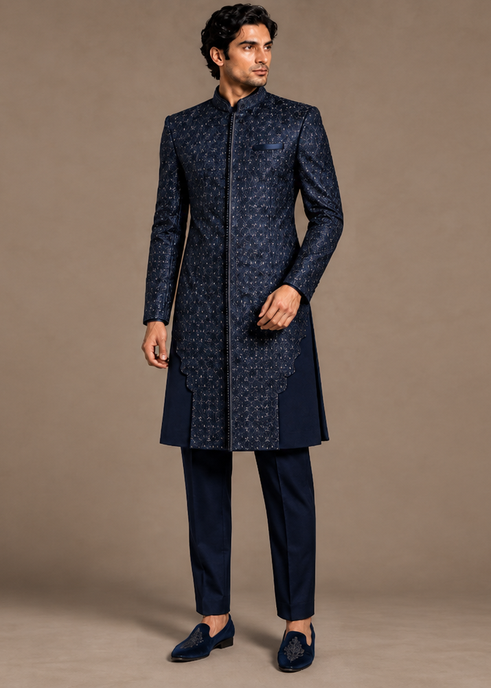 Navy Scalloped Arch Sherwani