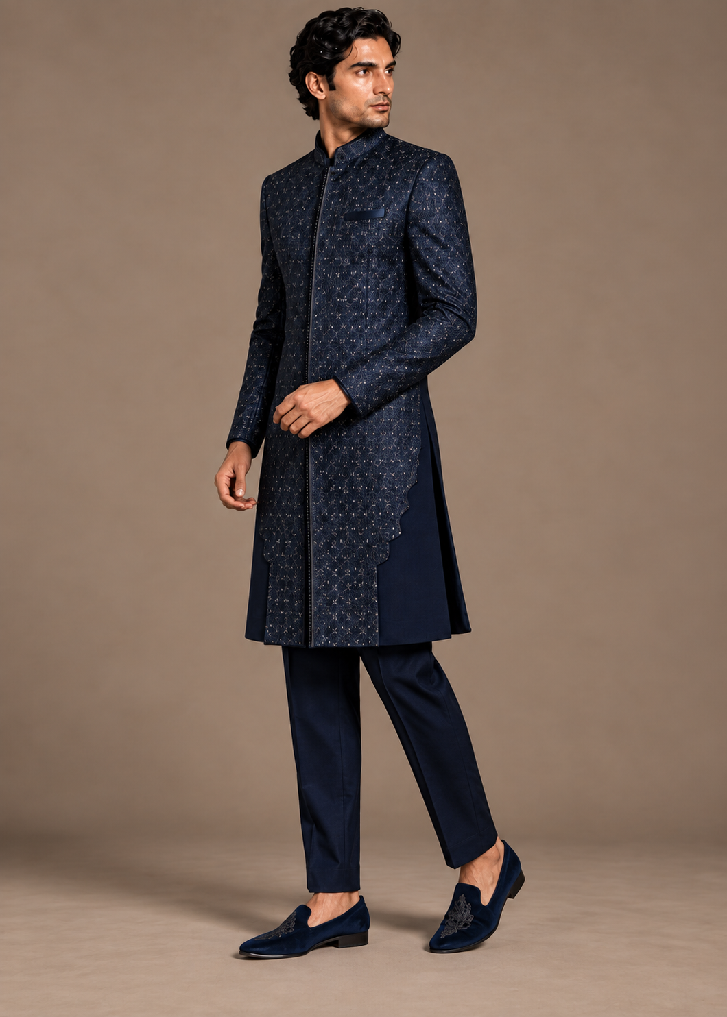 Navy Scalloped Arch Sherwani