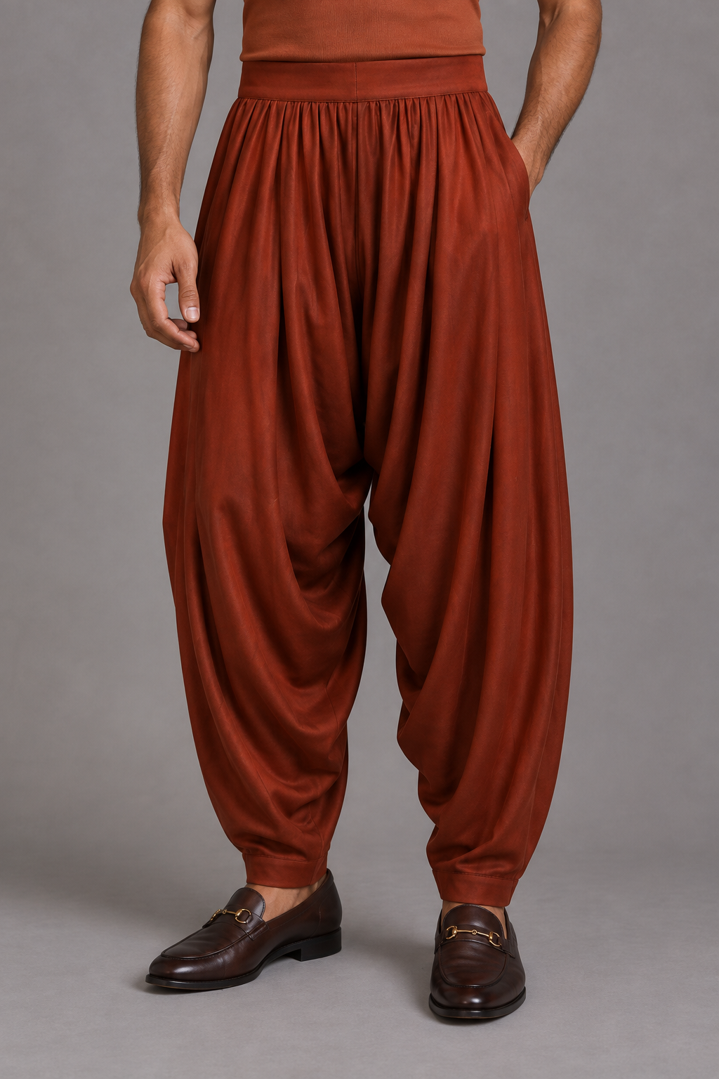 Rust Draped Silk Patiala