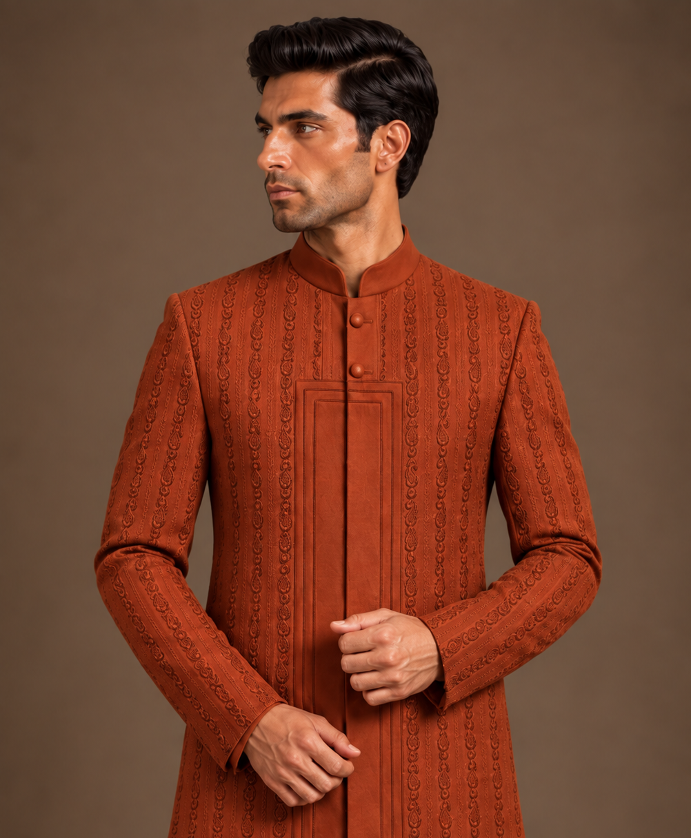 Rust Linear Structured Sherwani