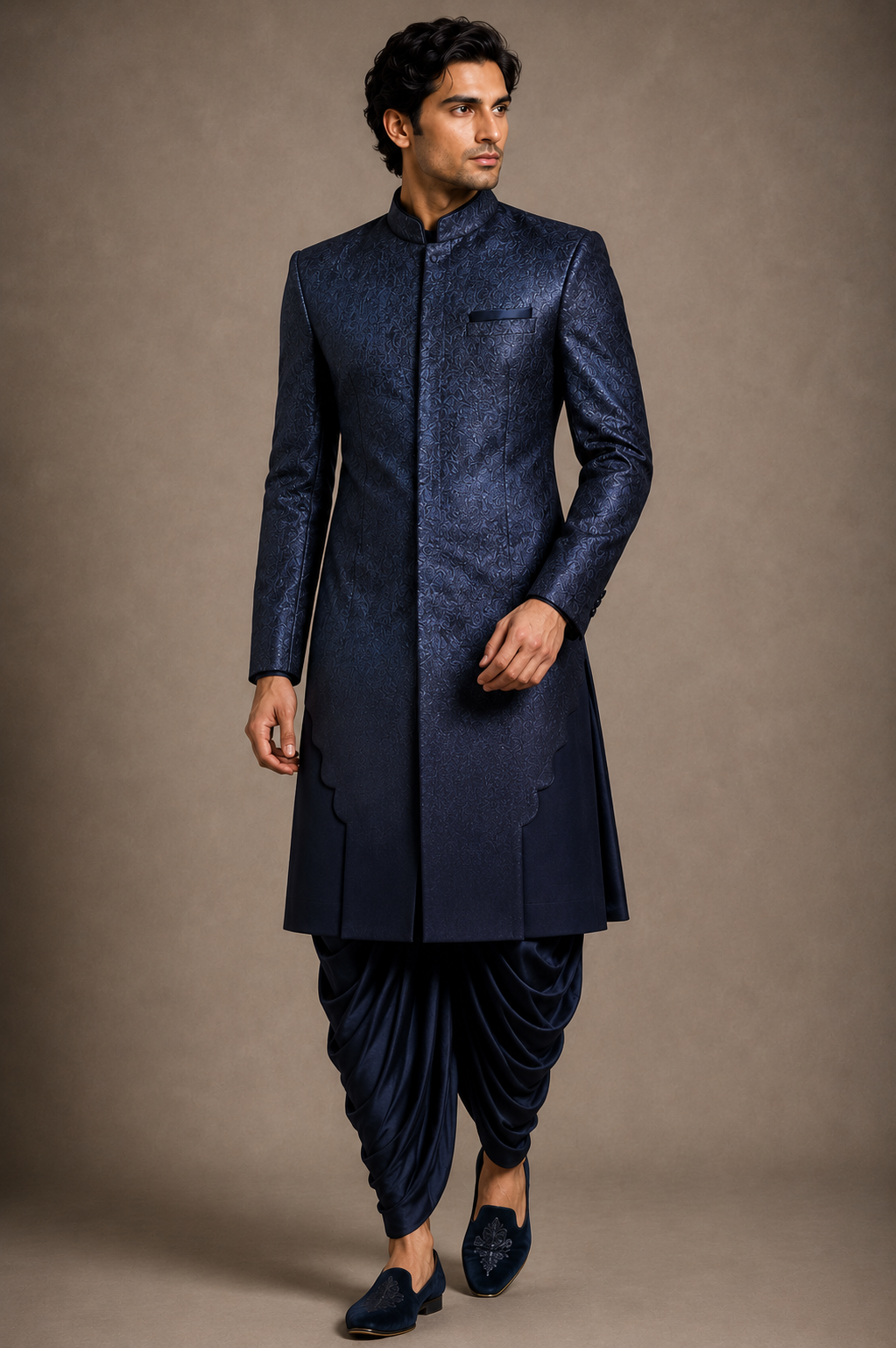 Navy Jacquard Scalloped Sherwani Set