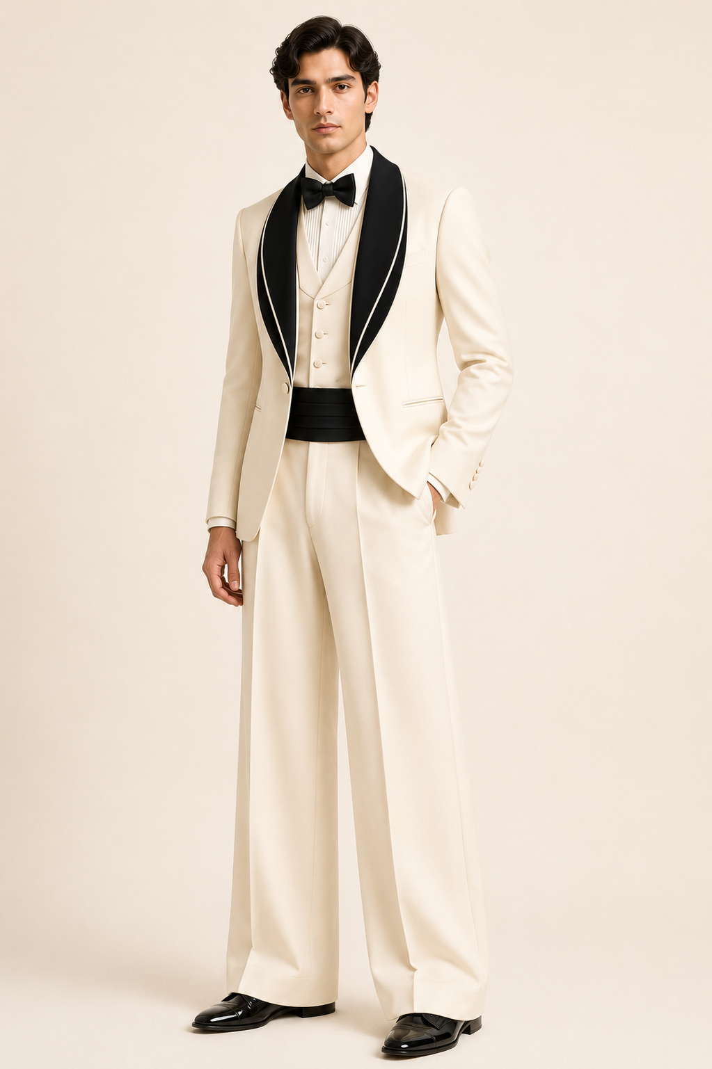 Ivory Wide-Leg Tuxedo Trousers