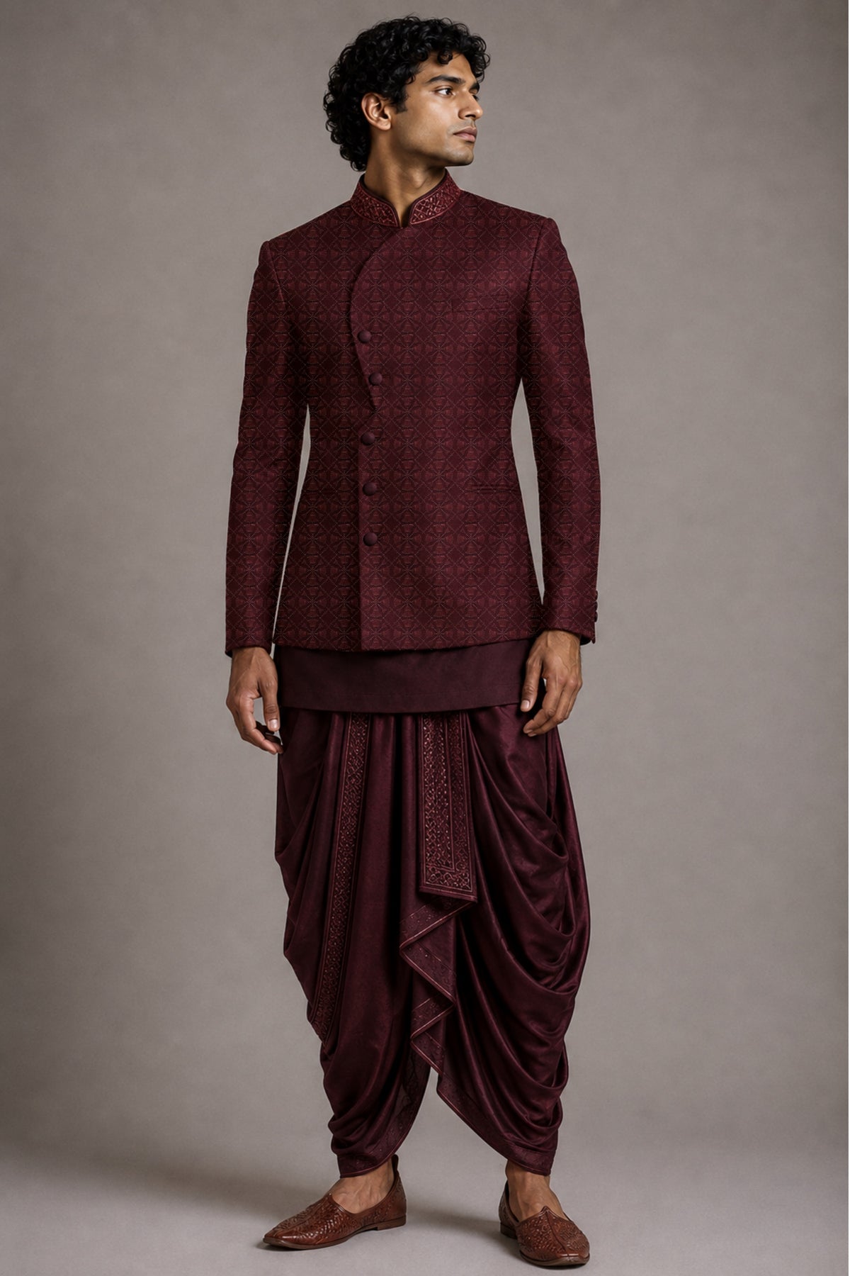 Wine Asymmetric Overlay Bandhgala