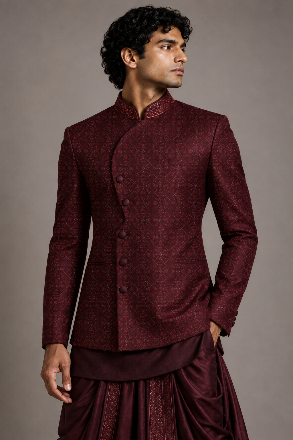 Wine Asymmetric Overlay Bandhgala