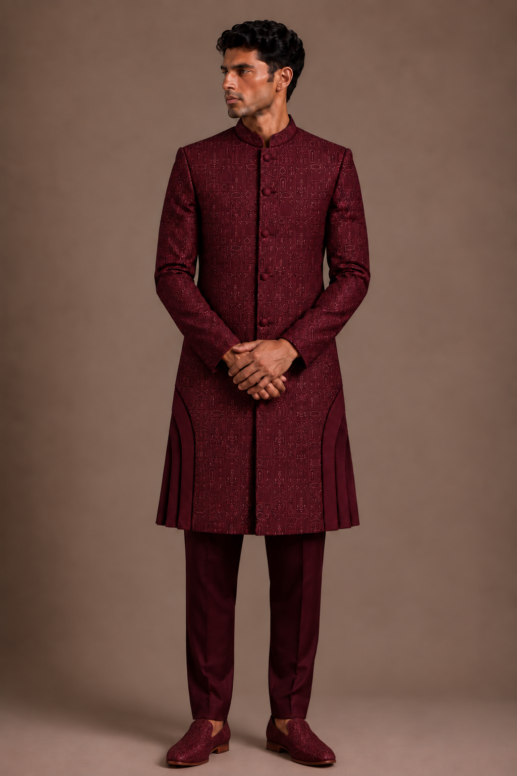 Wine Contoured Panel Sherwani
