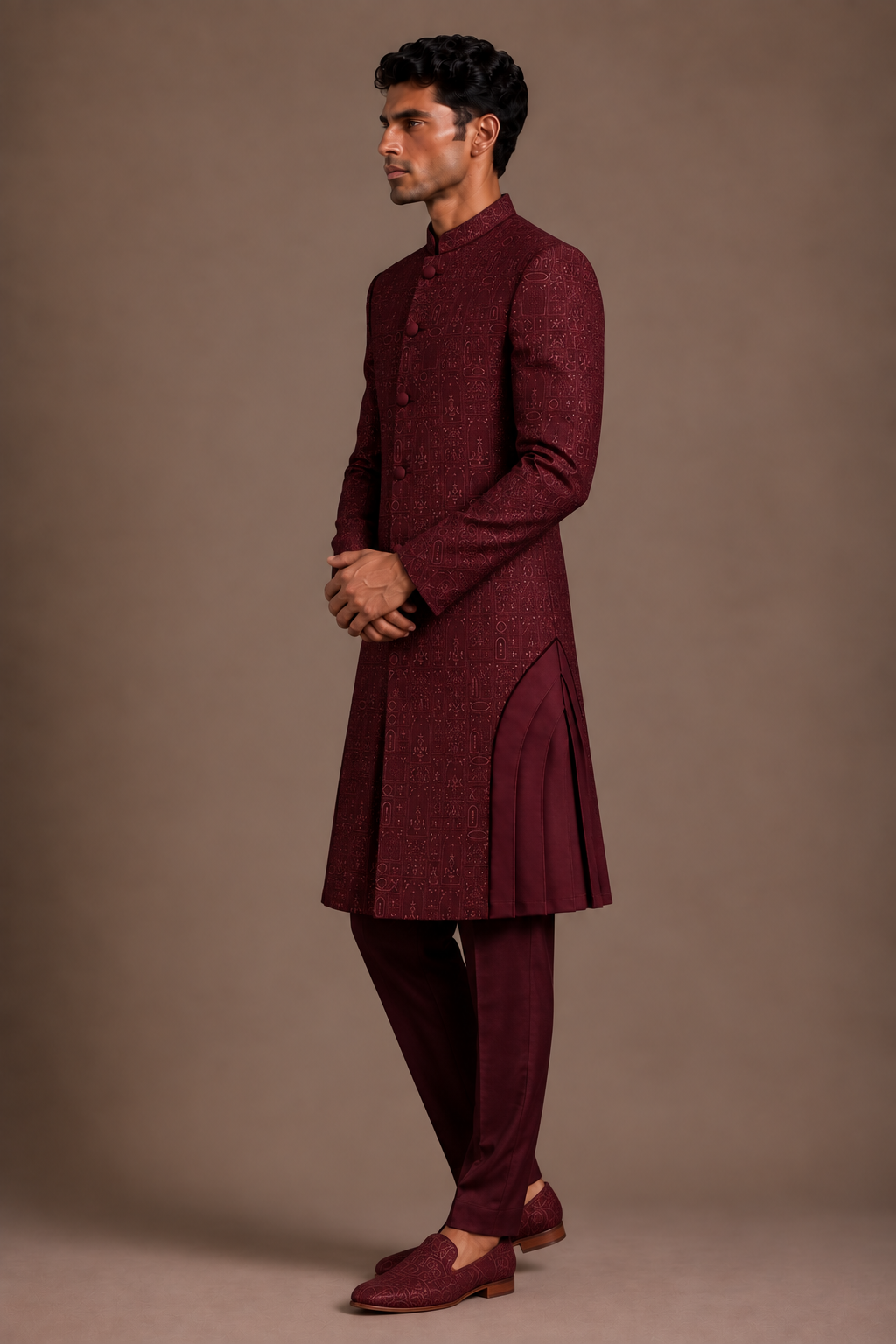 Wine Contoured Panel Sherwani