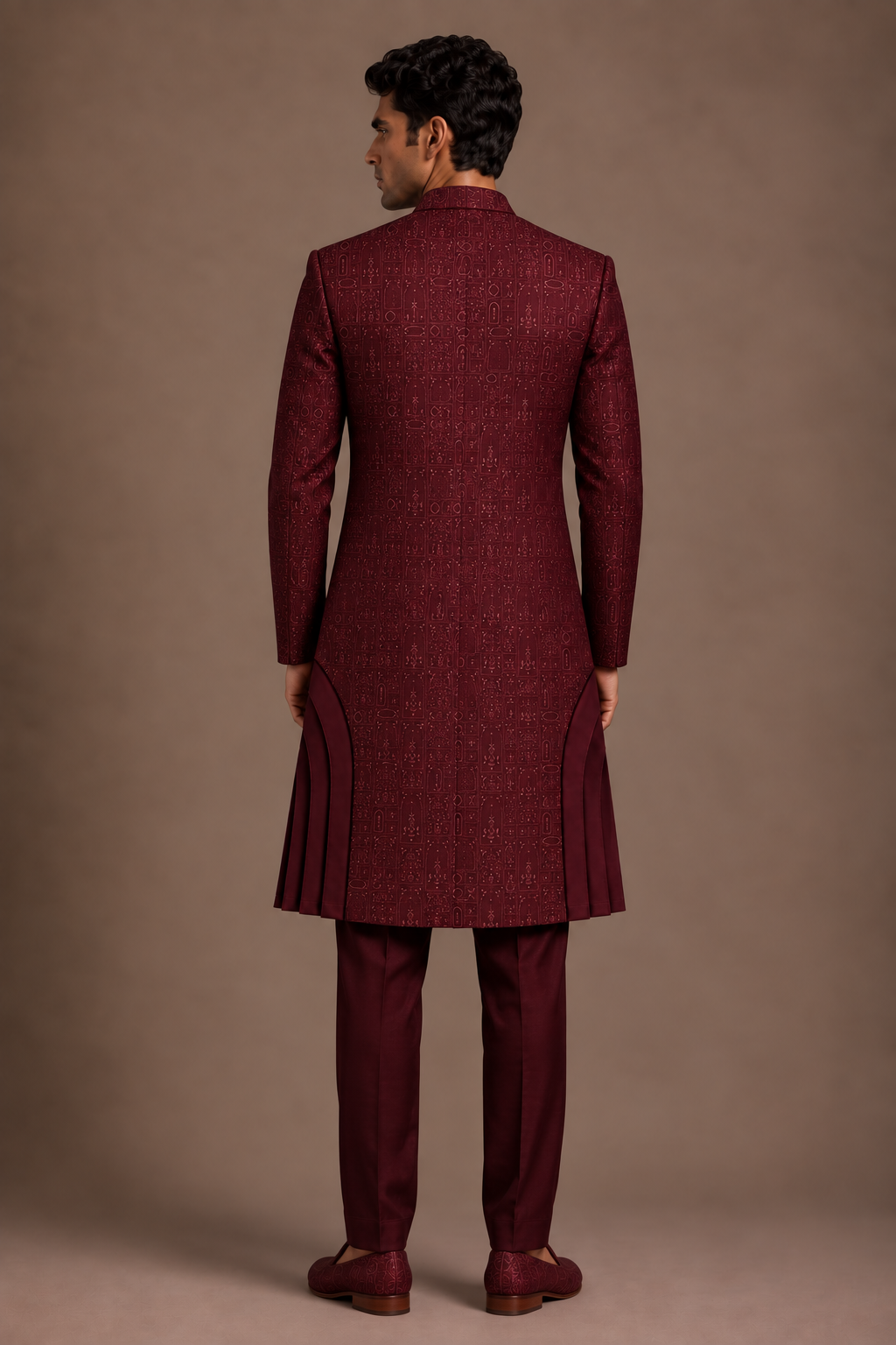Wine Contoured Panel Sherwani