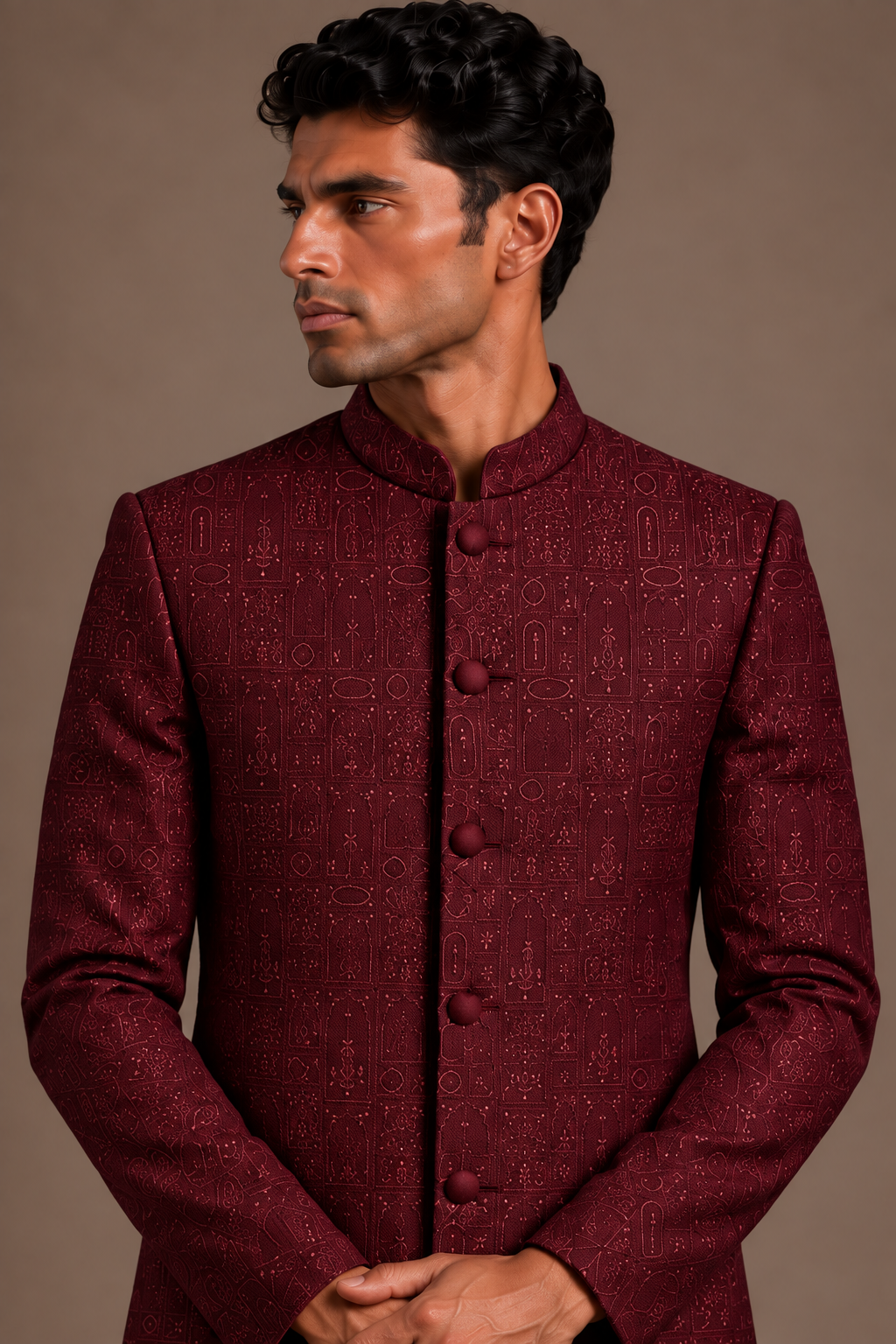 Wine Contoured Panel Sherwani