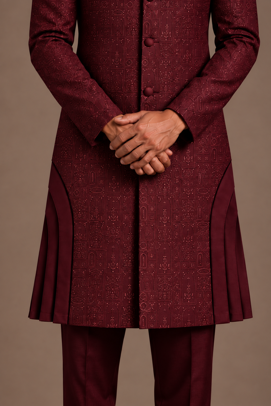 Wine Contoured Panel Sherwani