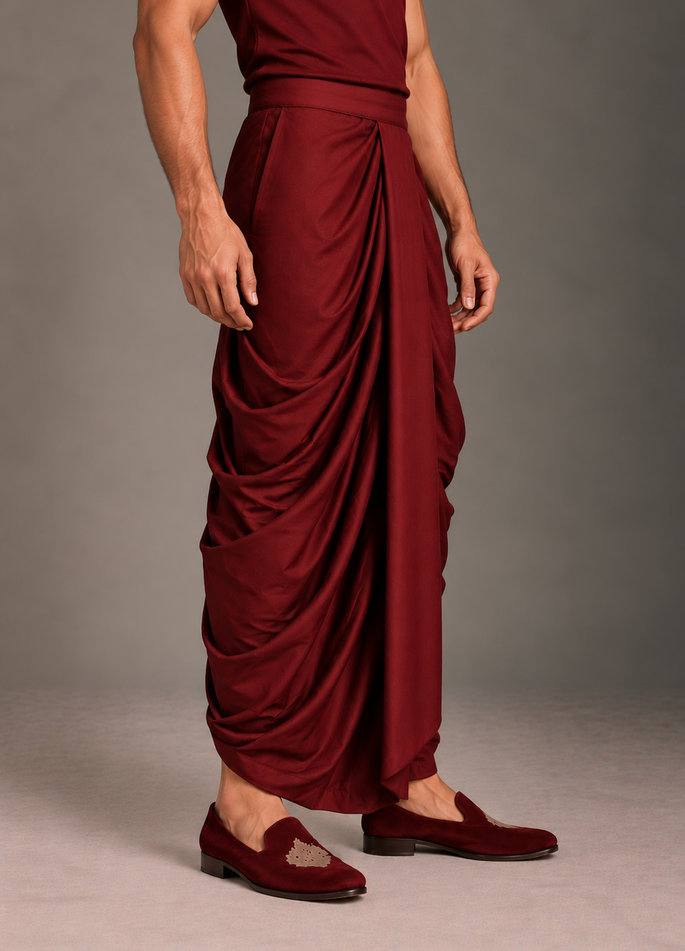 Wine Gathered Drape Silk Lungi