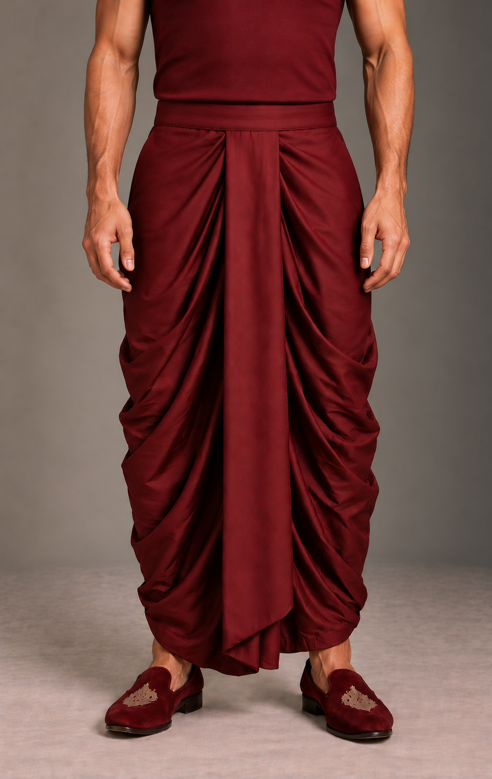 Wine Gathered Drape Silk Lungi